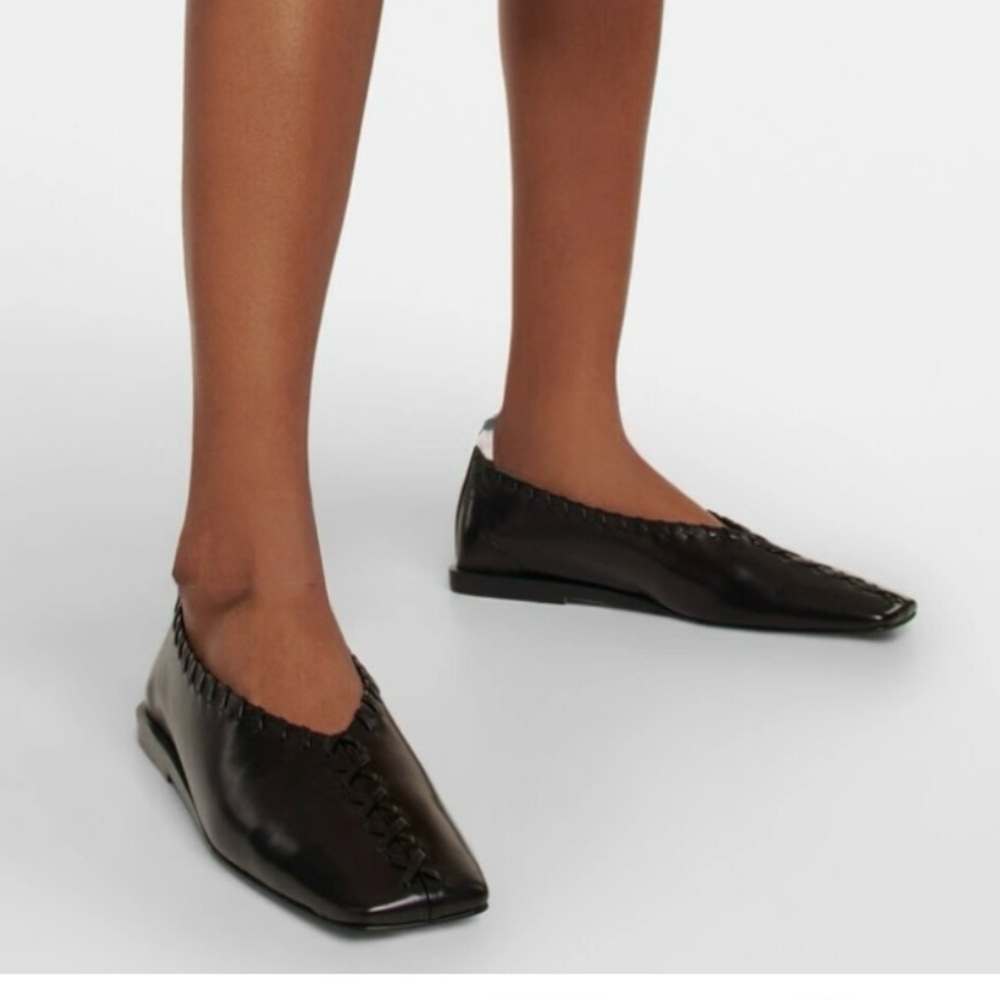 JIL SANDER Black Ring whipstitch-trimmed leather ballet flats Size 9 - Picture 2 of 11